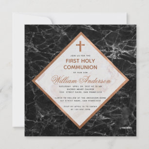 Invitación Primera Comunión Niño Mármol Blanco Cobre Negro
