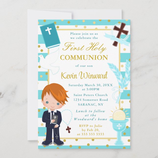 Invitación Primera Comunión Niño Pelo Rojo Rayas Azules (Anverso)