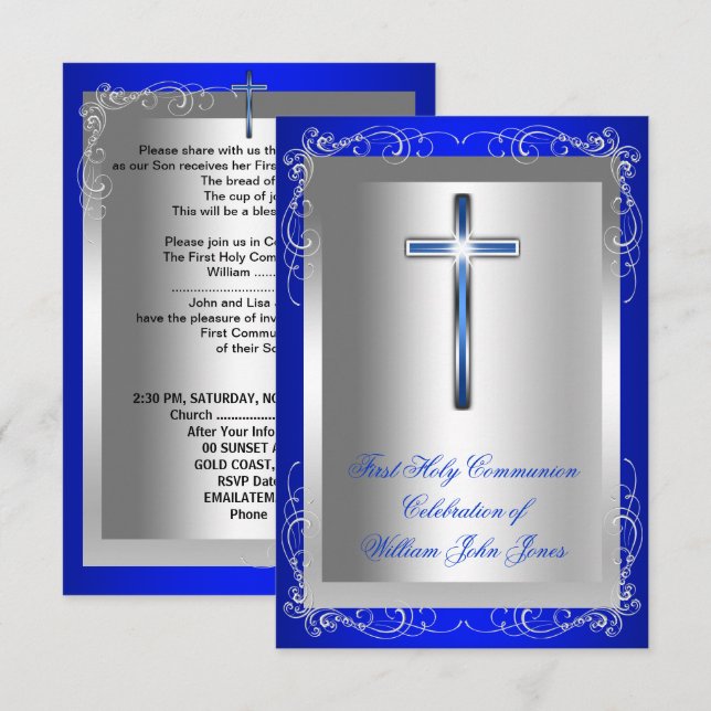 Invitación Primera Comunión Niño Plata Azul Real (Anverso / Reverso)
