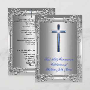 Invitación Primera Comunión Niño Plata Azul Real