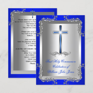 Invitación Primera Comunión Niño Plata Azul Real 2