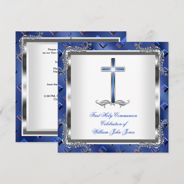 Invitación Primera Comunión Niño Plata Azul Real 3 (Anverso / Reverso)