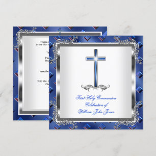 Invitación Primera Comunión Niño Plata Azul Real 3