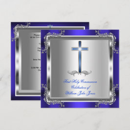 Invitación Primera Comunión Niño Plata Azul Real 3b