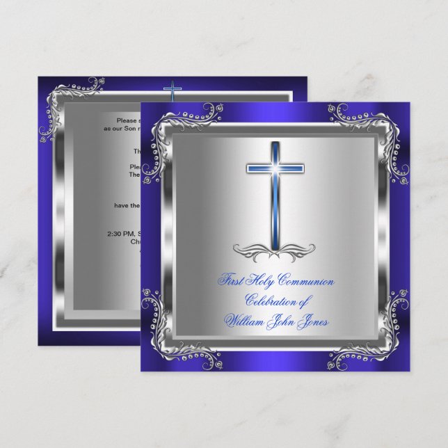 Invitación Primera Comunión Niño Plata Azul Real 3b (Anverso / Reverso)