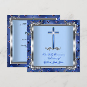Invitación Primera Comunión Niño Plata Azul Real 4