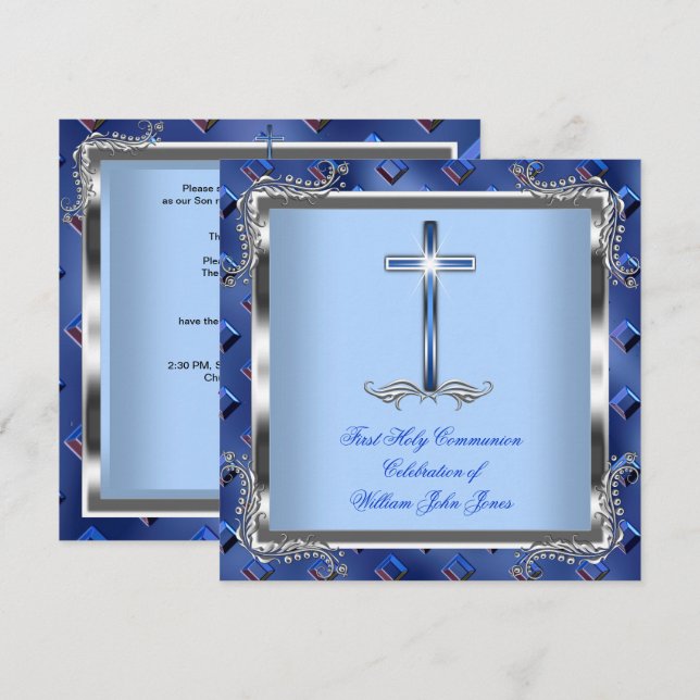 Invitación Primera Comunión Niño Plata Azul Real 4 (Anverso / Reverso)