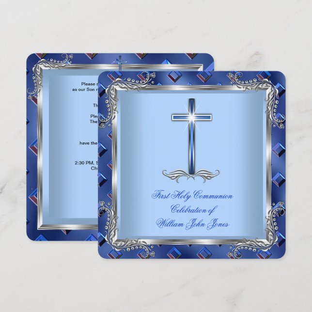 Invitación Primera Comunión Niño Plata Azul Real 4B (Anverso / Reverso)