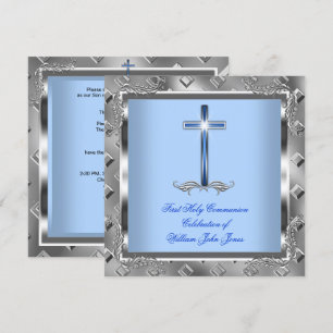 Invitación Primera Comunión Niño Plata Azul Real 5