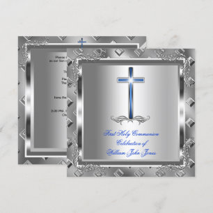 Invitación Primera Comunión Niño Plata Azul Real 6