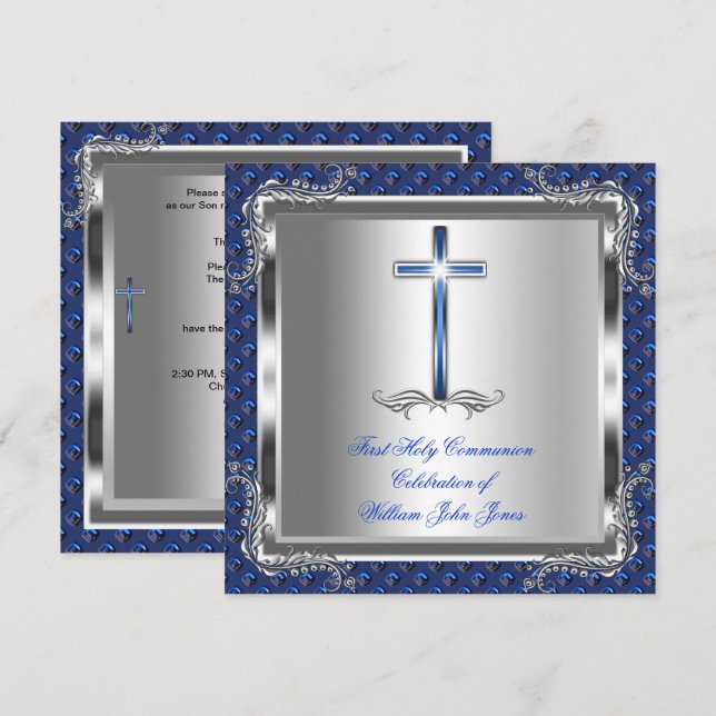 Invitación Primera Comunión Niño Plata Azul Real 7 (Anverso / Reverso)