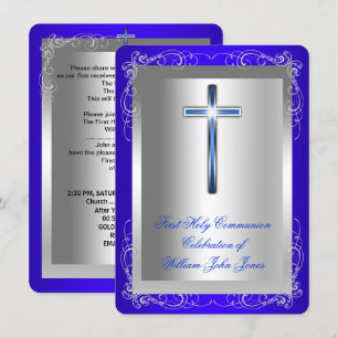 Invitación Primera Comunión Niño Plata Azul Real Redondeado