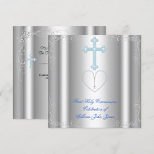 Invitación Primera Comunión Niño Plata Blanco Azul