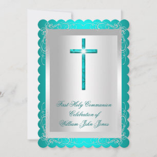 Invitación Primera Comunión Niño Plata Jade Verde Azul 2