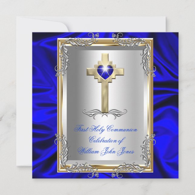 Invitación Primera Comunión Niño Plata Oro Azul Real (Anverso)