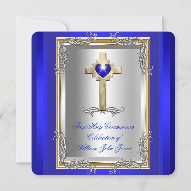 Invitación Primera Comunión Niño Plata Oro Azul Real 2 (Anverso)