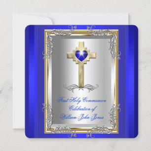 Invitación Primera Comunión Niño Plata Oro Azul Real 2