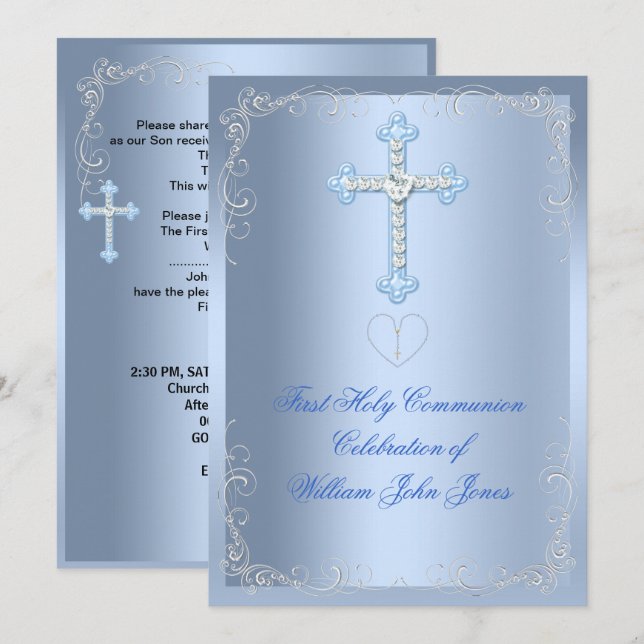 Invitación Primera Comunión Niño Plateado Azul (Anverso / Reverso)