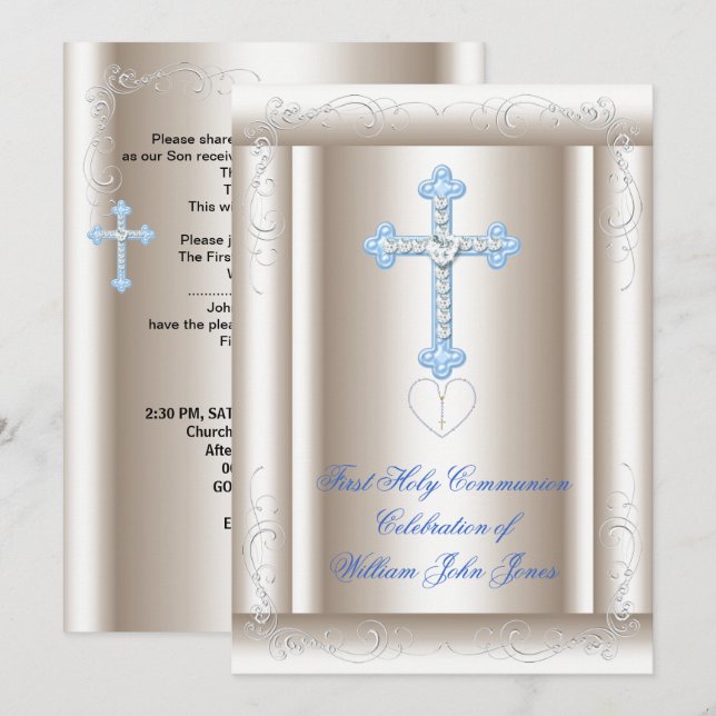 Invitación Primera Comunión Niño Sepia Azul (Anverso / Reverso)