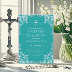 Invitación Primera Comunión Niño Verde Aguamarina Hojas Plate