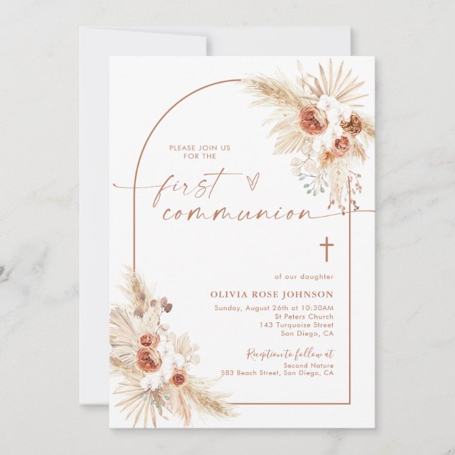 Invitación Primera comunión, Pampas Grass Boho Christening (Anverso)