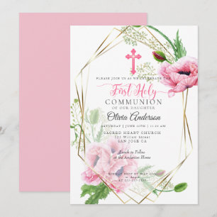 Invitación Primera Comunión Papas rosadas y follaje 2