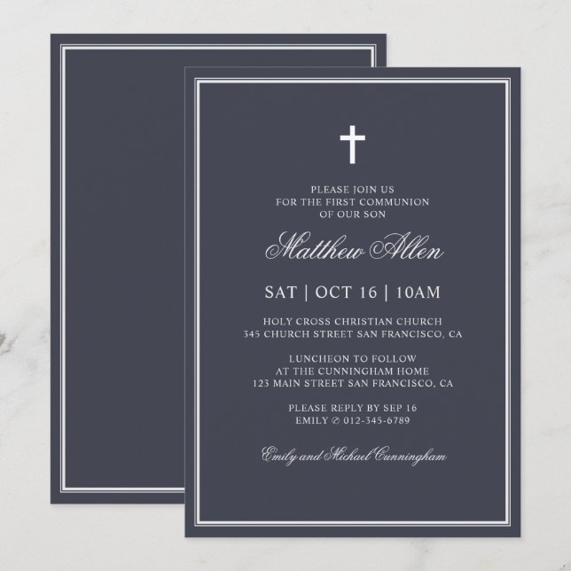 Invitación Primera Comunión Para Él | Elegante Cruz Clásica (Anverso / Reverso)