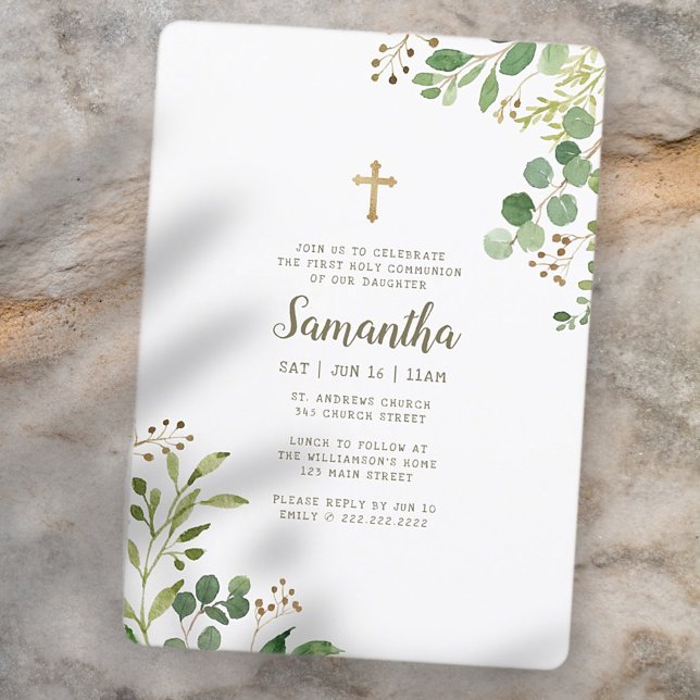 Invitación Primera Comunión Para Su Cruz De Foliage De Acuare (Subido por el creador)