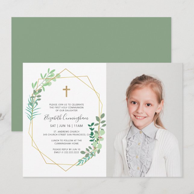Invitación Primera Comunión Para Su Cruz De Foliage Geométric (Anverso / Reverso)