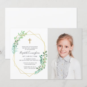 Invitación Primera Comunión Para Su Cruz De Foliaje Geométric