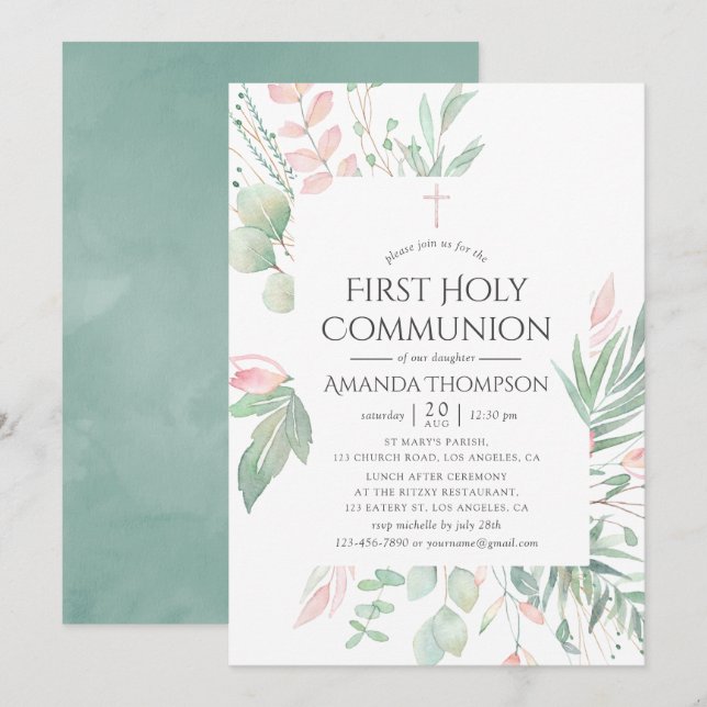 Invitación Primera Comunión Pastel Rosado con Verdor (Anverso / Reverso)