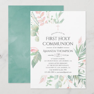 Invitación Primera Comunión Pastel Rosado con Verdor
