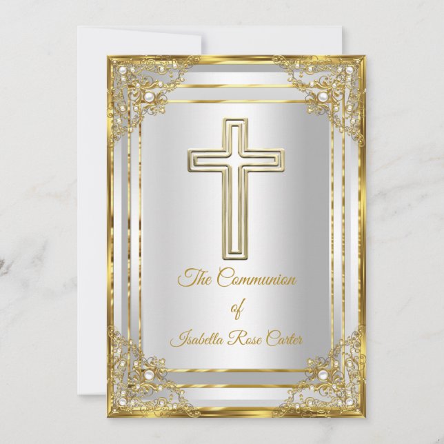 Invitación Primera Comunión Pearl Gold Cruz Blanca Sagrada co (Anverso)