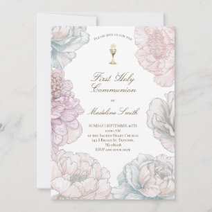 Invitación primera comunión peonías colores pastel