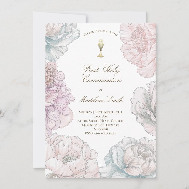 Invitación primera comunión peonías colores pastel (Anverso)