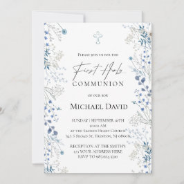 Invitación Primera Comunión pequeñas flores acuarela azules