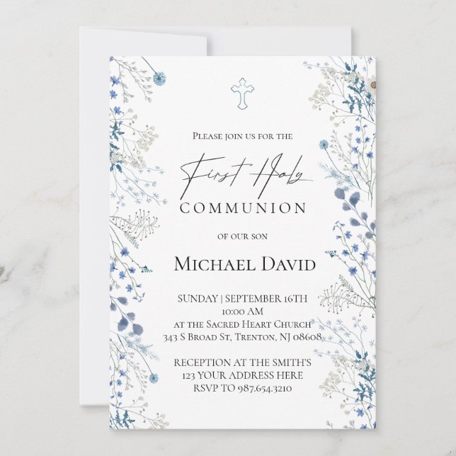 Invitación Primera Comunión pequeñas flores acuarela azules (Anverso)