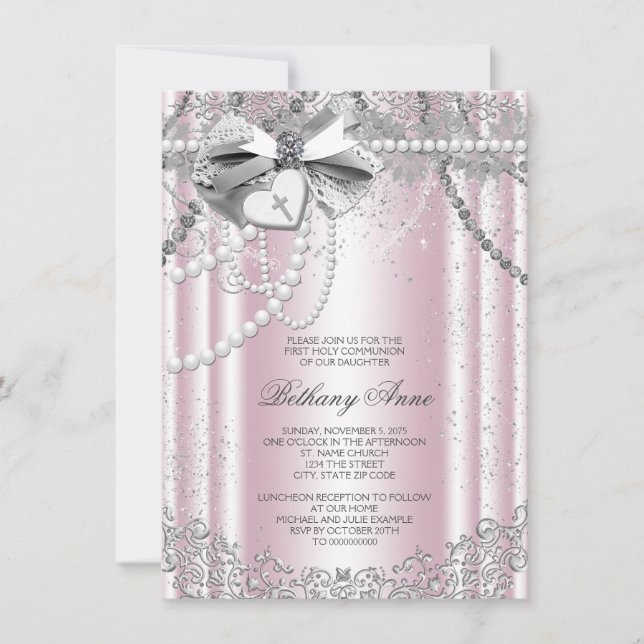 Invitación Primera Comunión Perla Rosa y Gris (Anverso)
