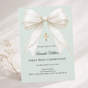 Invitación Primera Comunión perlas marfil lazo niña verde sal