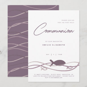 Invitación Primera Comunión - Pez Ichthys Morado Moderno