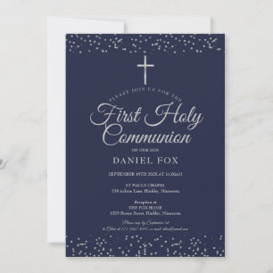 Invitación Primera Comunión Polvo de Estrellas Plateadas Azul