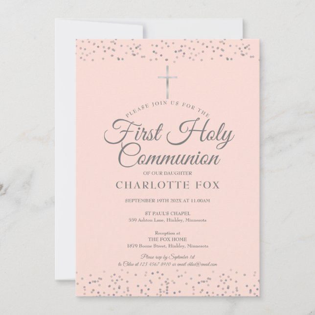 Invitación Primera Comunión Polvo de Estrellas Plateado Rosa  (Anverso)