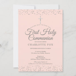 Invitación Primera Comunión Polvo de Estrellas Plateado Rosa 