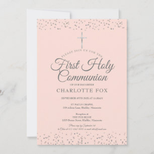 Invitación Primera Comunión Polvo de Estrellas Plateado Rosa 