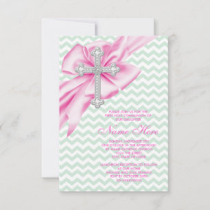 Invitación Primera Comunión Preciosa de Chevron Rosa y Verde
