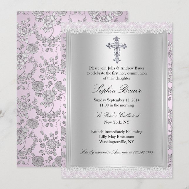 Invitación Primera Comunión Preciosa Encaje Rosa (Anverso / Reverso)