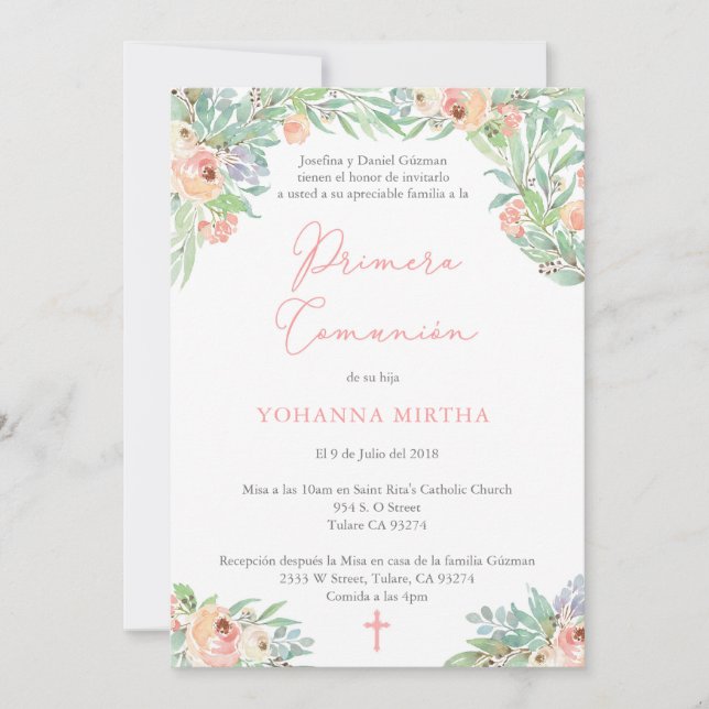 Invitación Primera comunión, primera comunión Chica en españo (Anverso)