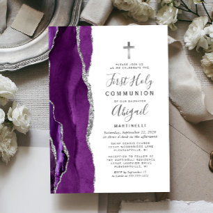 Invitación Primera Comunión Purpura Ágata Brillo Plateado
