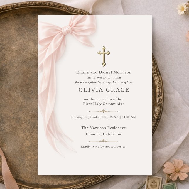 Invitación Primera Comunión Recepción Lazo Rosa Niña  (Subido por el creador)