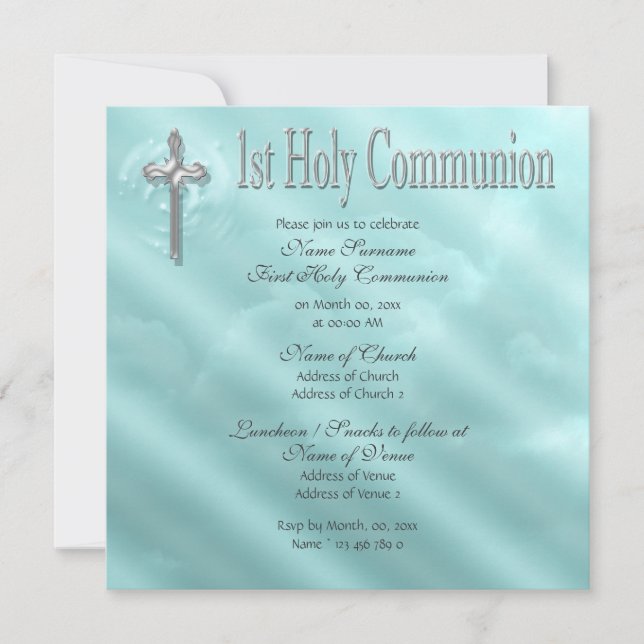 Invitación Primera comunión religiosa azul (Anverso)
